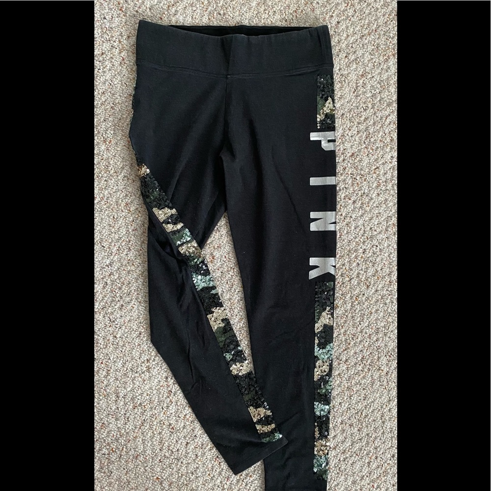 Victoria’s Secret Pink Yoga Legging SZ LG Full length. Camouflage Sequined!